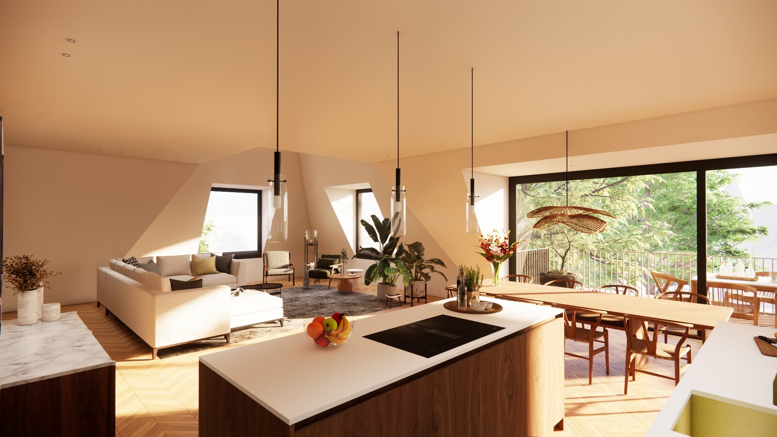 Beukenlaan 01 — 2e verdieping: open keuken en woonruimte onder de kap (render)