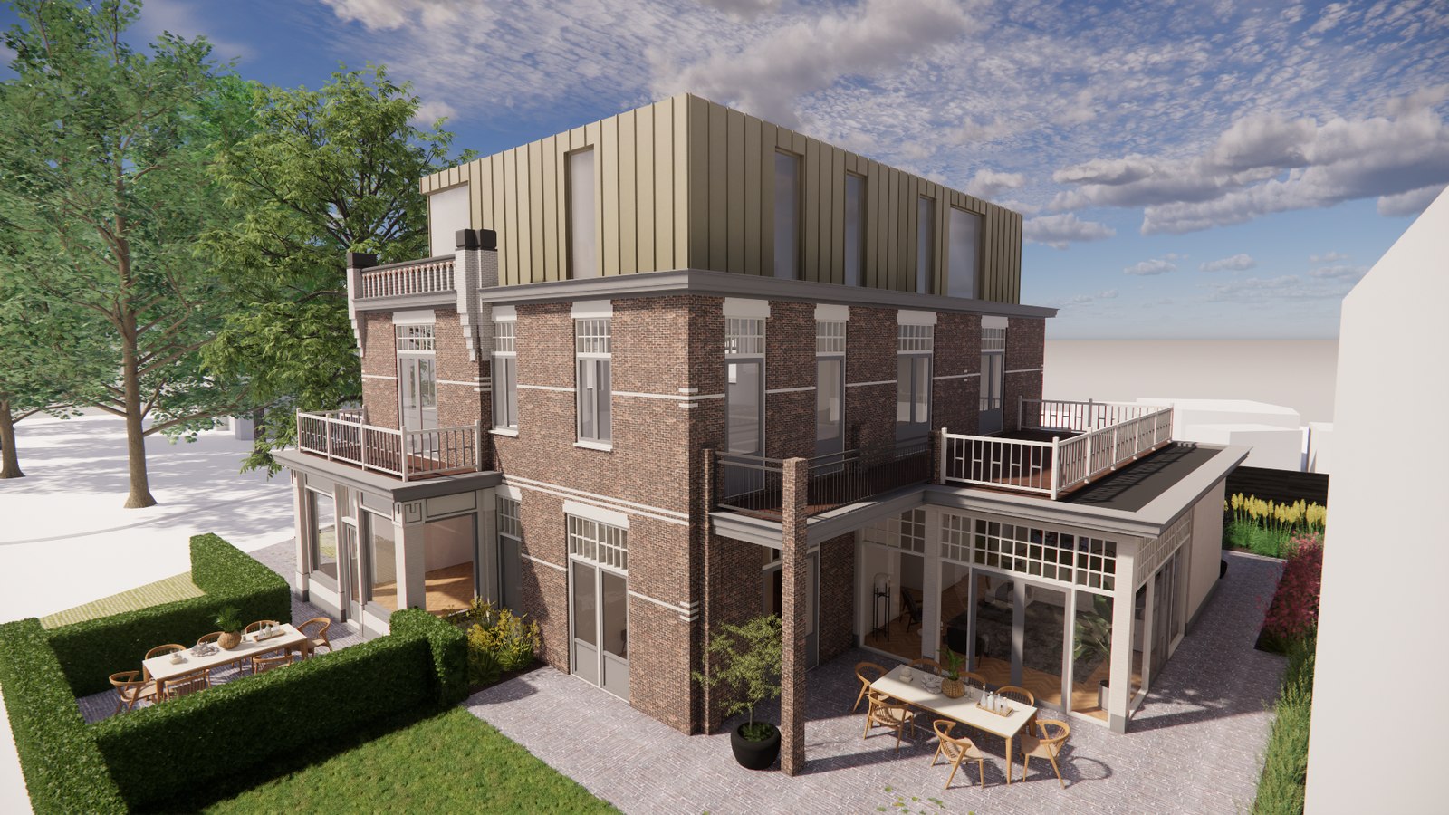 Beukenlaan 01 — detail achtergevel en terras (render)