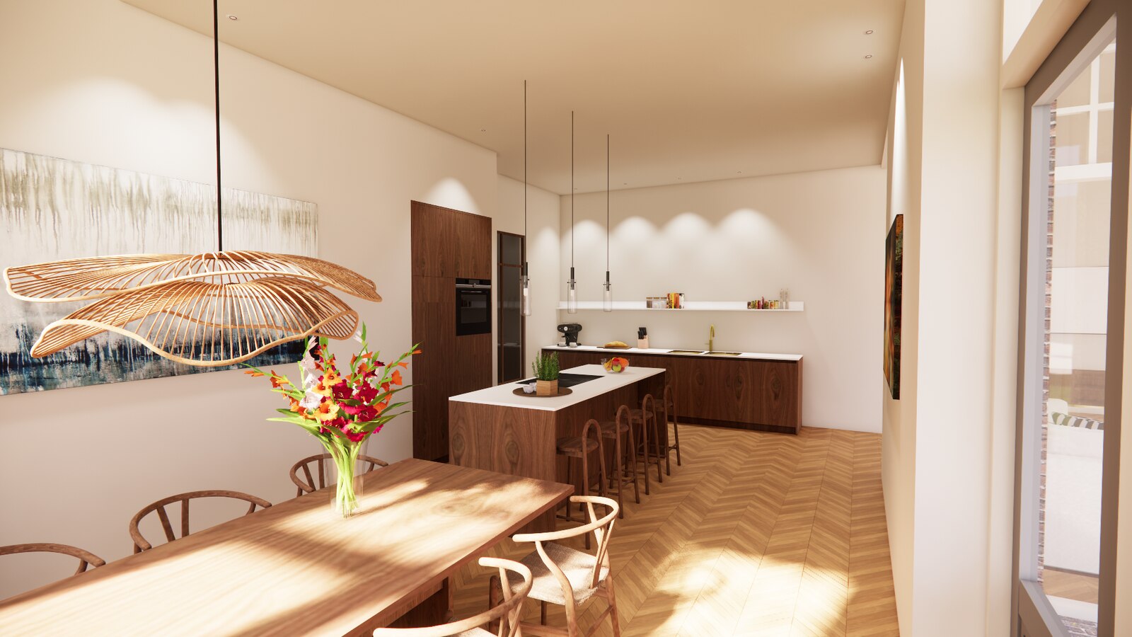 Beukenlaan 01 — begane grond: open keuken en eetkamer (render)