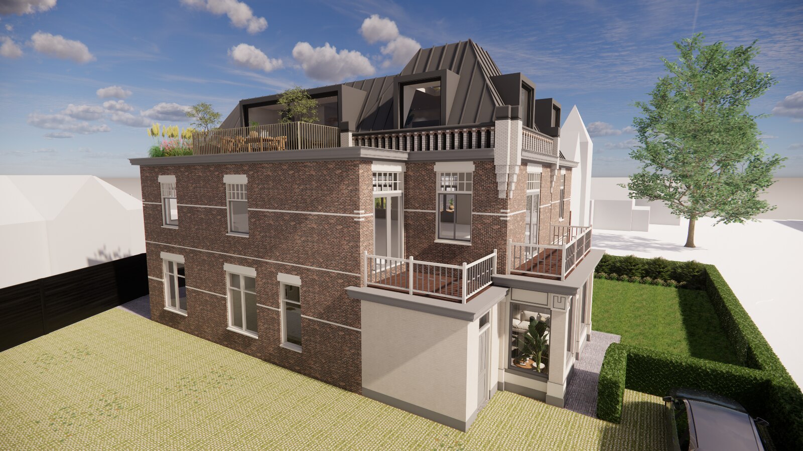 Beukenlaan 01 — achtergevel met dakterras en balkons (render)