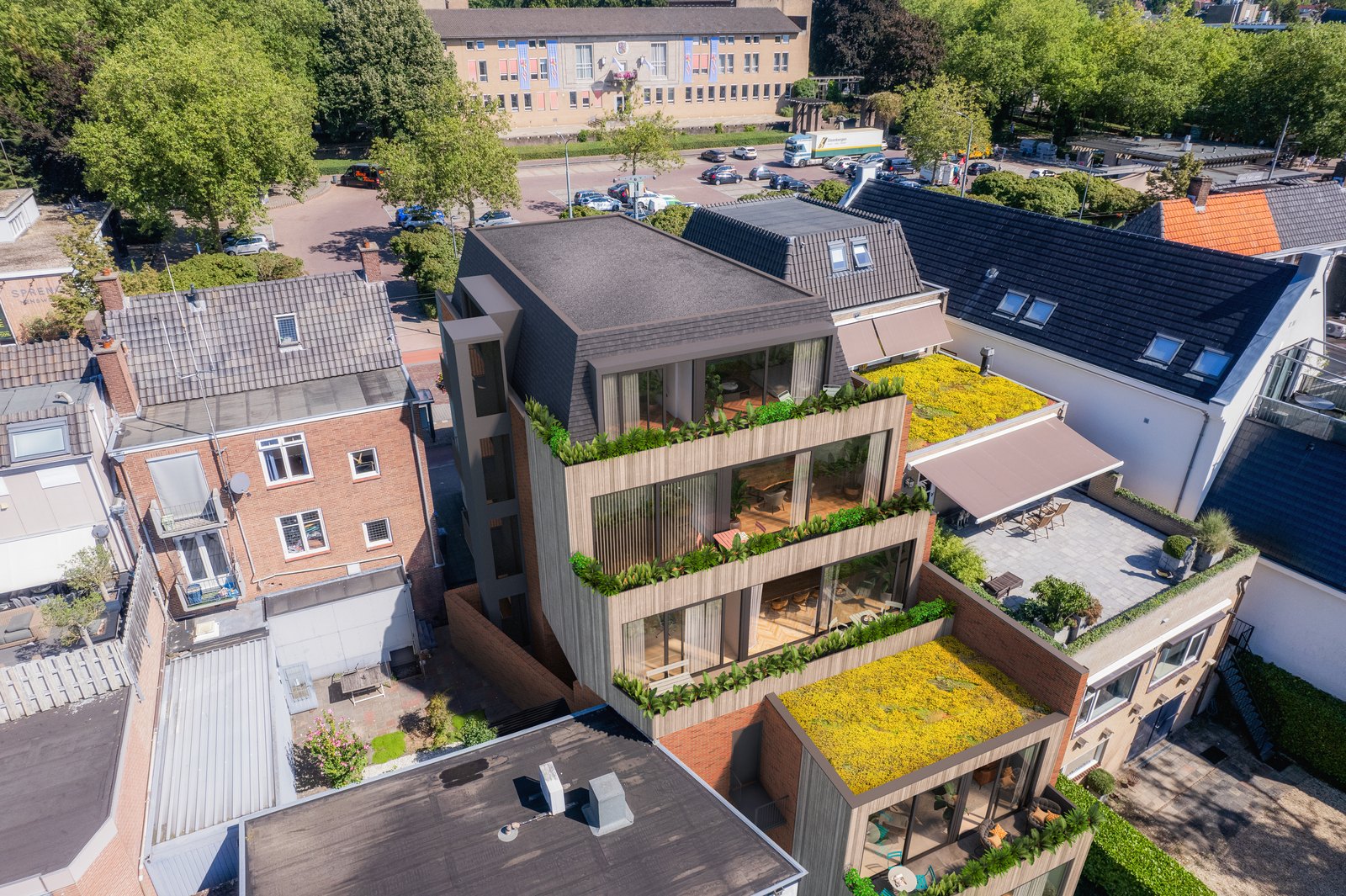 Utrechtseweg 178 — luchtfoto achterzijde met uitbouw (render)